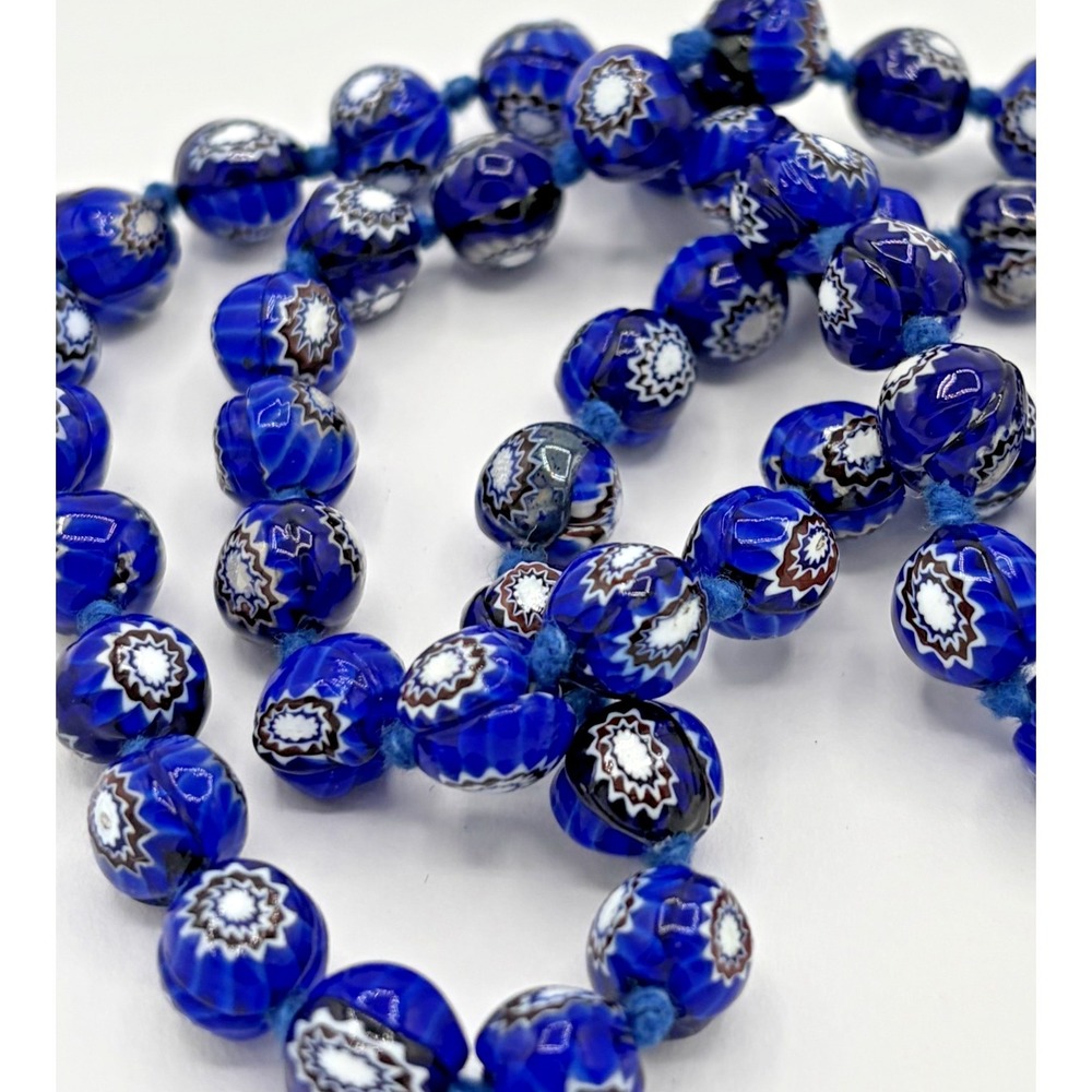 Vintage Cobalt Blue Millefiori Glass Bead Floral Necklace Knotted Spring
